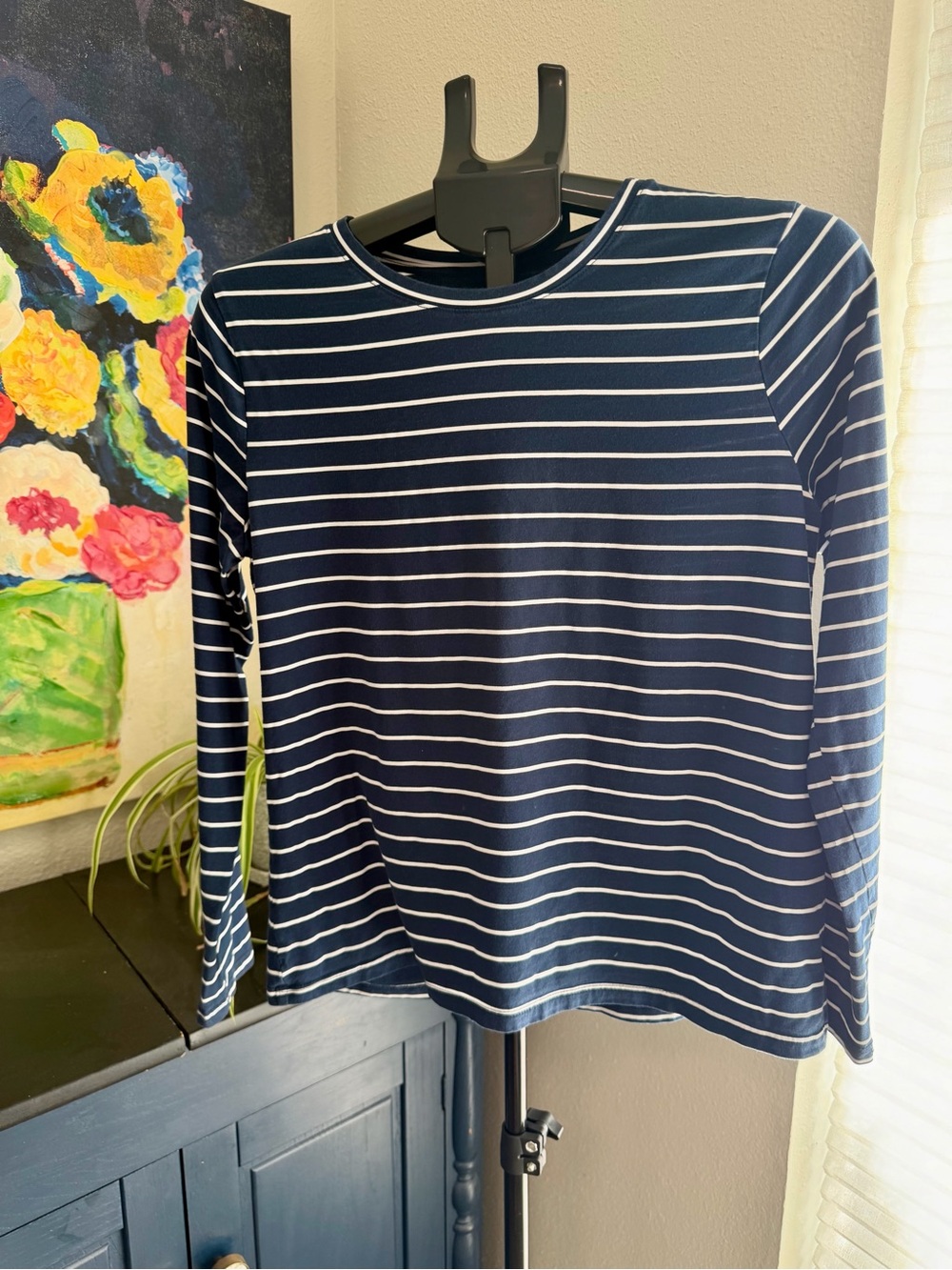 Time and Tru Navy White Striped Pima Cotton Long Sleeve Top M 8-10